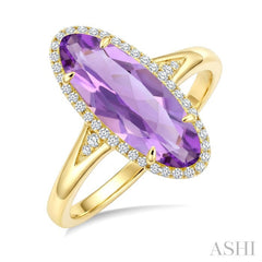 16X6 MM Evoque Gemstones Oval Shape Amethyst and 1/6 Ctw Round Cut Diamond Semi-Precious Ring in 10K Yellow Gold