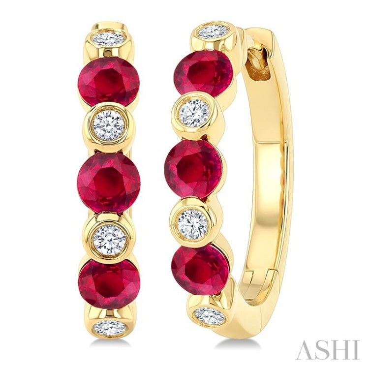 2.60 MM Round Shape Ruby and 1/10 Ctw Round Cut Diamond Precious Hoop Earrings in 10K Yellow Gold