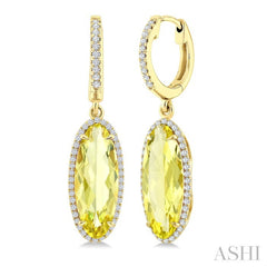 16X6 MM Oval Shape Lemon Quartz and 3/8 Ctw Round Cut Diamond Semi-Precious Earrings in 14K Yellow Gold