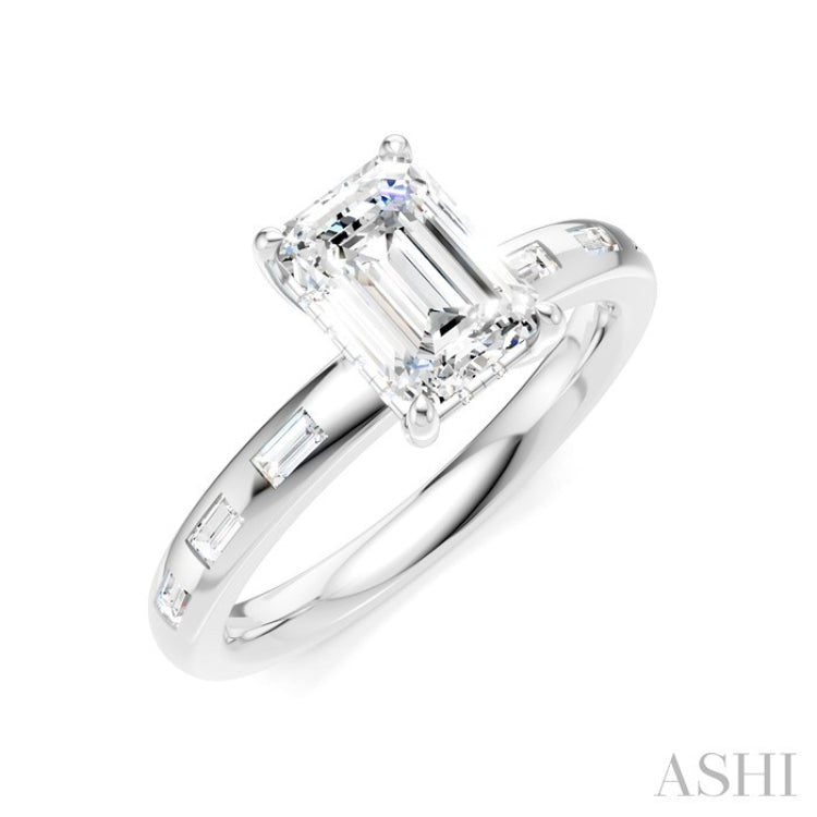 1/4 Ctw Emerald Shape Baguette and Round Cut Diamond Semi-Mount Engagement Ring in 14K White Gold