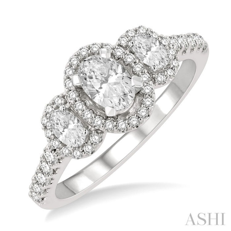5/8 Ctw Oval Shape Past, Present & Future Round Cut Diamond Semi-Mount Engagement Ring in 14K White Gold