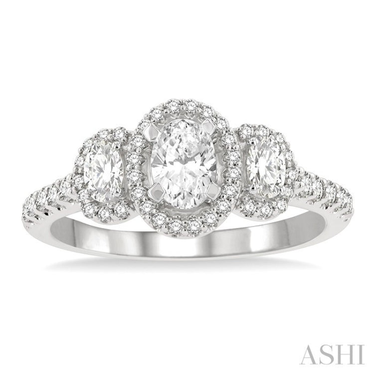 5/8 Ctw Oval Shape Past, Present & Future Round Cut Diamond Semi-Mount Engagement Ring in 14K White Gold
