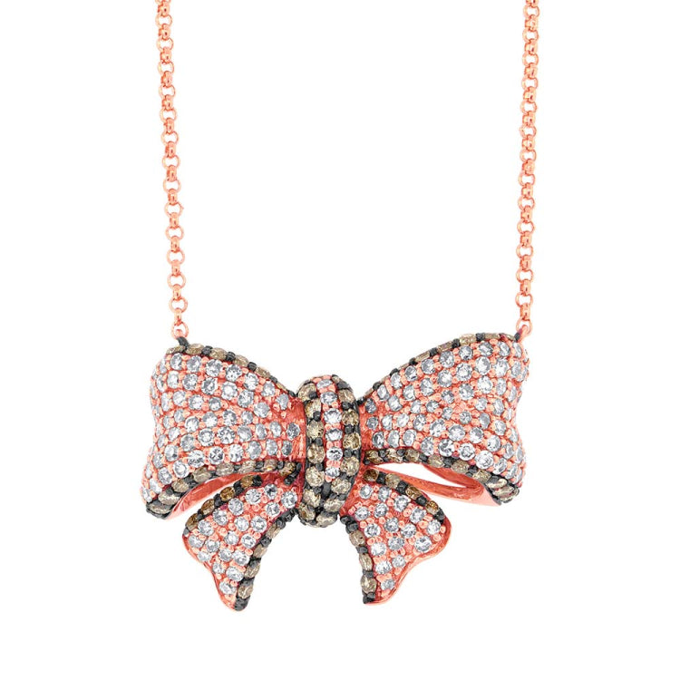1.69ct 14k White Gold White & Champagne Diamond Ribbon Bow Necklace