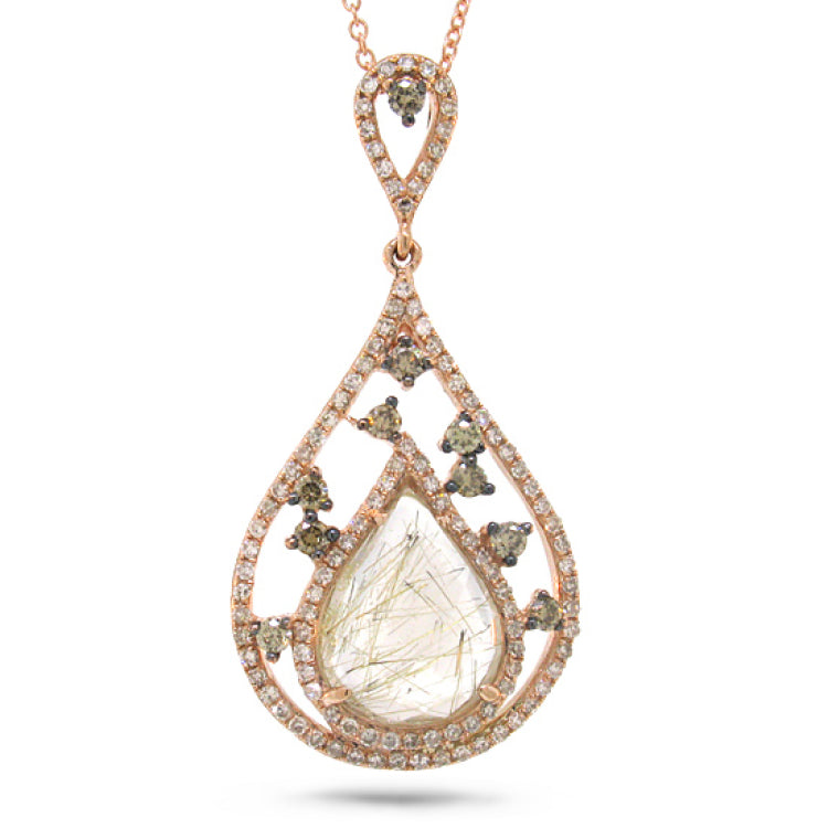 0.44ct White & Champagne Diamond & 2.42ct Golden Line Quartz 14k Rose Gold Pendant