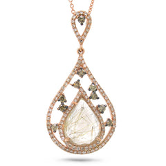 0.44ct White & Champagne Diamond & 2.42ct Golden Line Quartz 14k Rose Gold Pendant