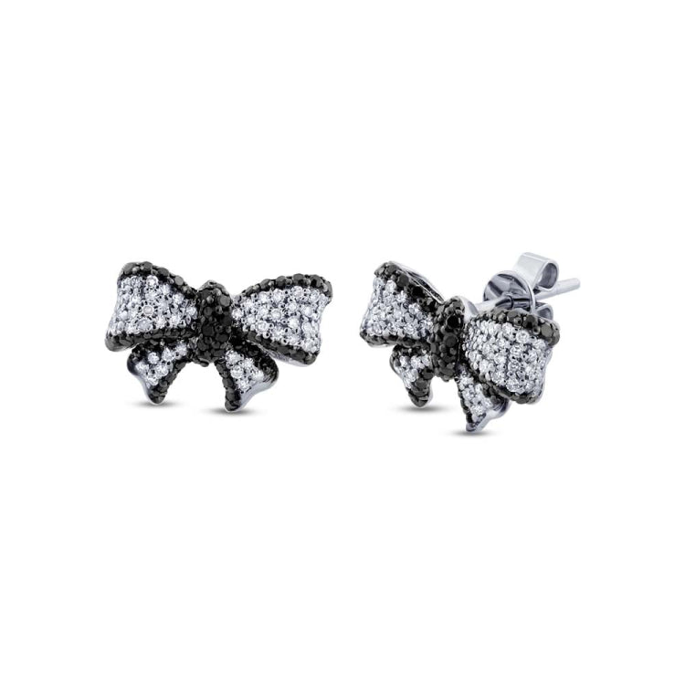 0.90ct 14k White Gold Black & White Diamond Ribbon Bow Stud Earring