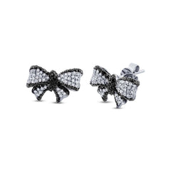 0.90ct 14k White Gold Black & White Diamond Ribbon Bow Stud Earring