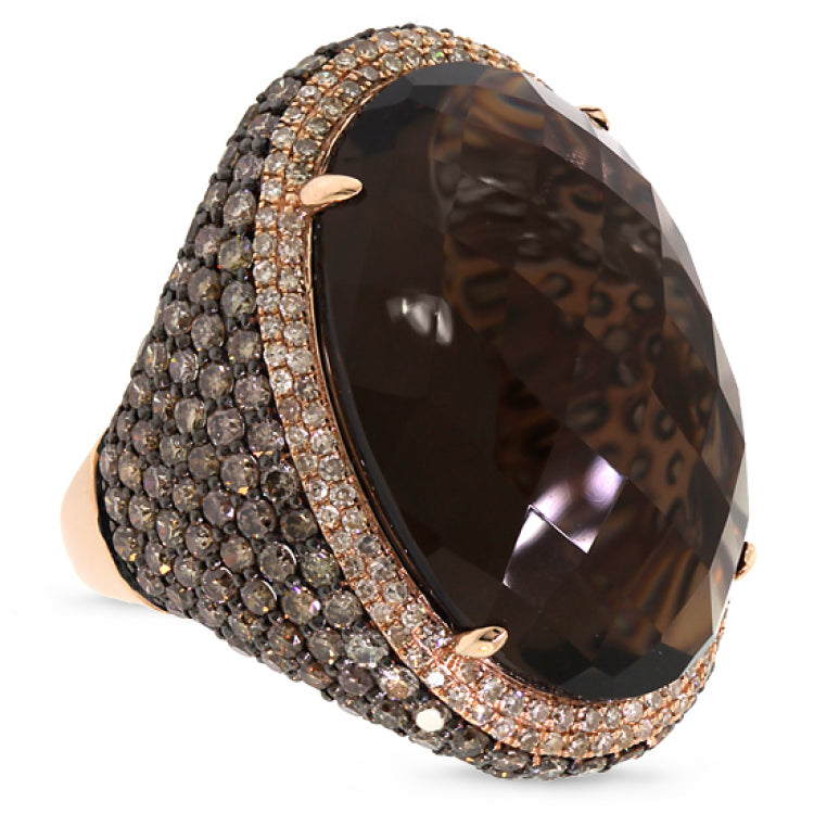 4.41ct White & Champagne Diamond & 29.47ct Smokey Topaz 14k Rose Gold Ring