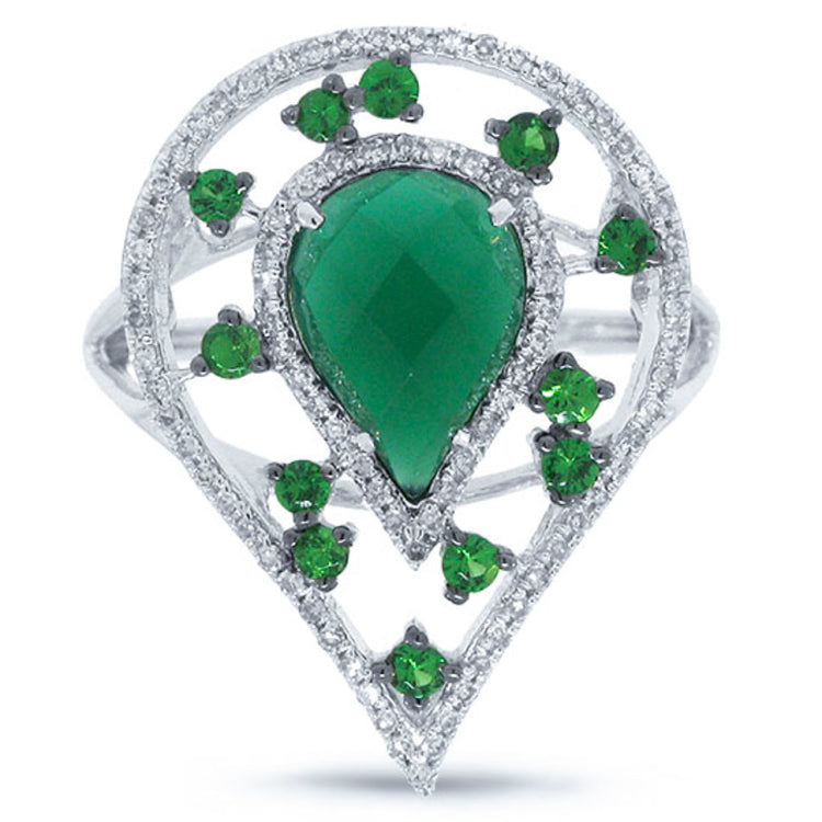 0.22ct Diamond & 1.97ct Green Agate & Green Garnet 14k White Gold Ring