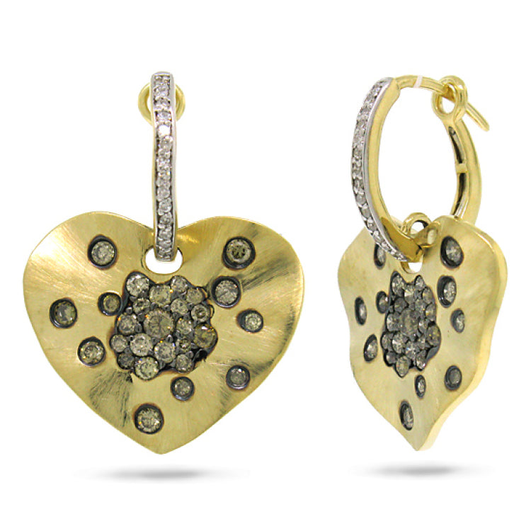 1.17ct 14k Yellow Gold White & Champagne Diamond Heart Earring