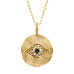 14k Yellow Gold Diamond & Blue Sapphire Eye Necklace