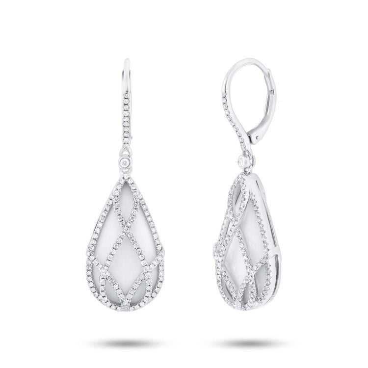 0.74ct Diamond & 12.70ct White Onyx 14k White Gold Earring