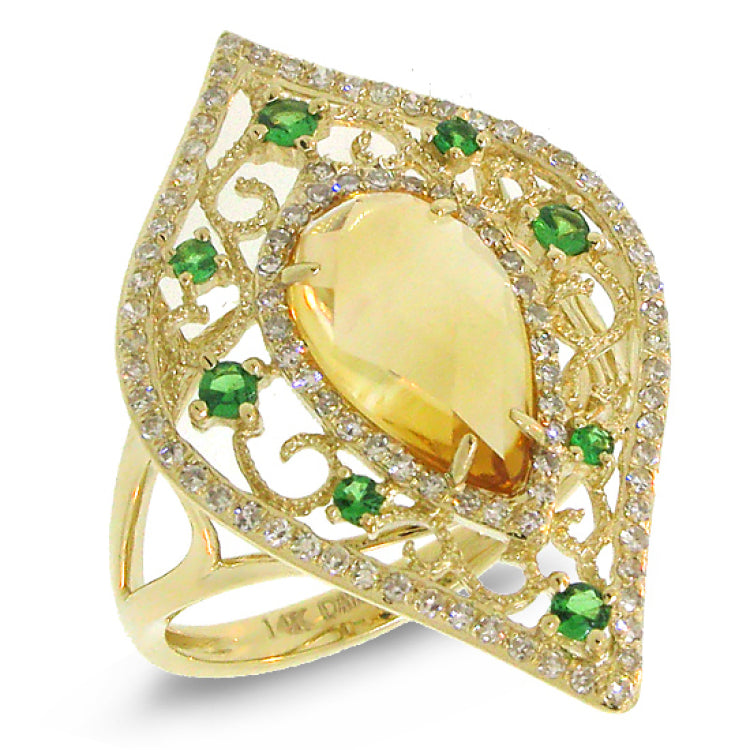 0.36ct Diamond & 2.15ct Citrine & 0.20ct Green Garnet 14k Yellow Gold Ring