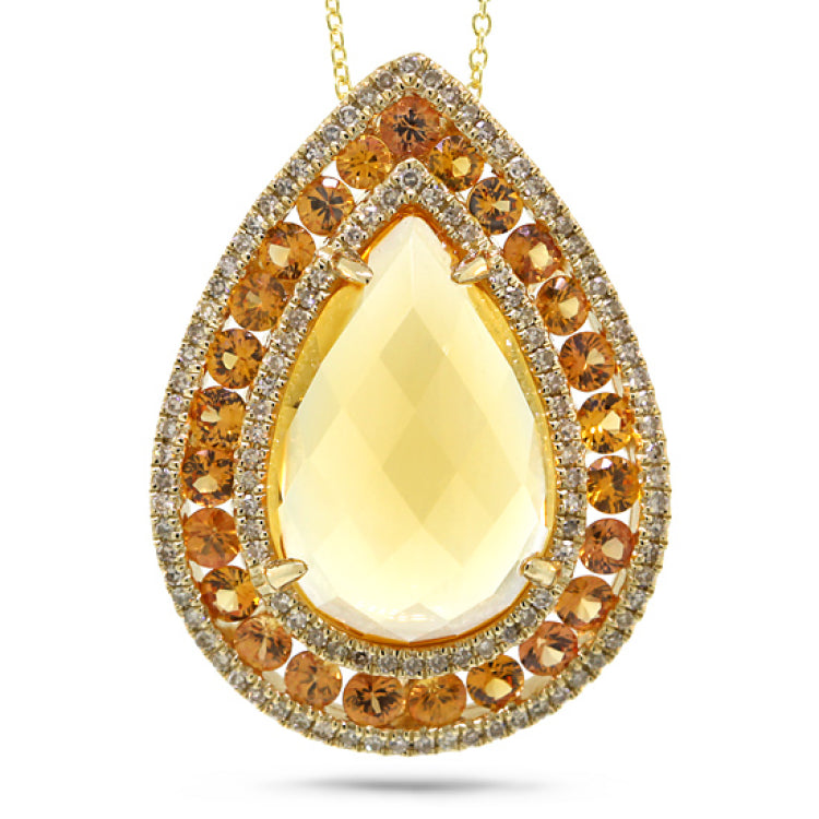 0.49ct Diamond & 12.55ct Citrine & Yellow Sapphire 14k Yellow Gold Pendant