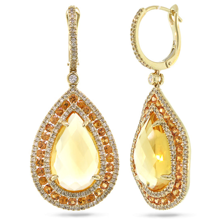 0.99ct Diamond & 13.07ct Citrine & Yellow Sapphire 14k Yellow Gold Earring