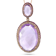 0.76ct Diamond & 30.55ct Amethyst & Pink Sapphire 14k Rose Gold Pendant