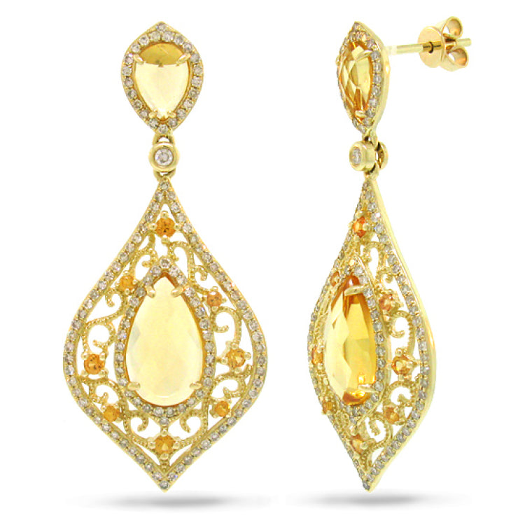 0.96ct Diamond & 5.62ct Citrine & 0.46ct Yellow Sapphire 14k Yellow Gold Earring
