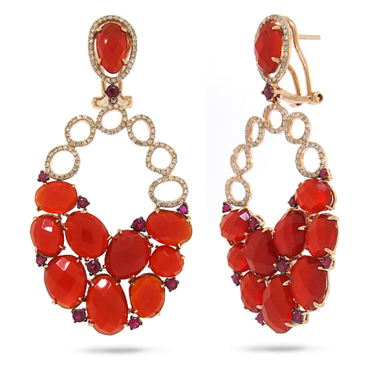 0.74ct Diamond & 26.80ct Red Agate & Ruby 14k Rose Gold Earring
