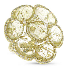0.39ct Diamond & 14.22ct Golden Line Quartz 14k Yellow Gold Ring