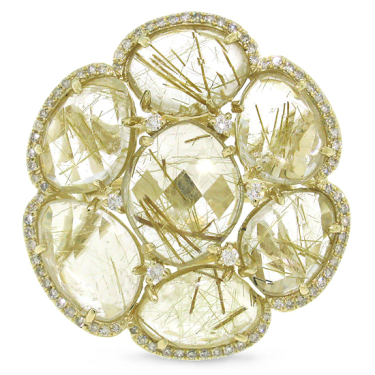 0.39ct Diamond & 14.22ct Golden Line Quartz 14k Yellow Gold Ring