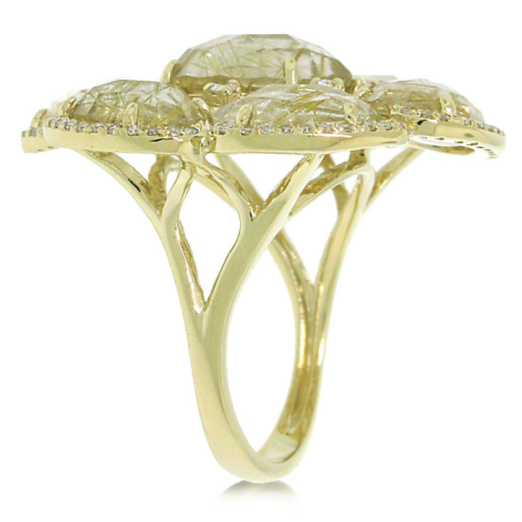 0.39ct Diamond & 14.22ct Golden Line Quartz 14k Yellow Gold Ring