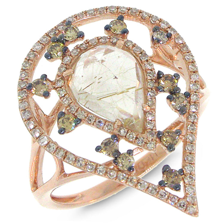 0.47ct White & Champagne Diamond & 1.55ct Golden Line Quartz 14k Rose Gold Ring
