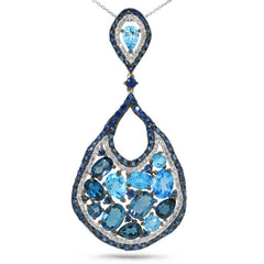 0.53ct Diamond & 10.12ct Blue Sapphire & Blue Topaz & London Blue Topaz 14k White Gold Pendant