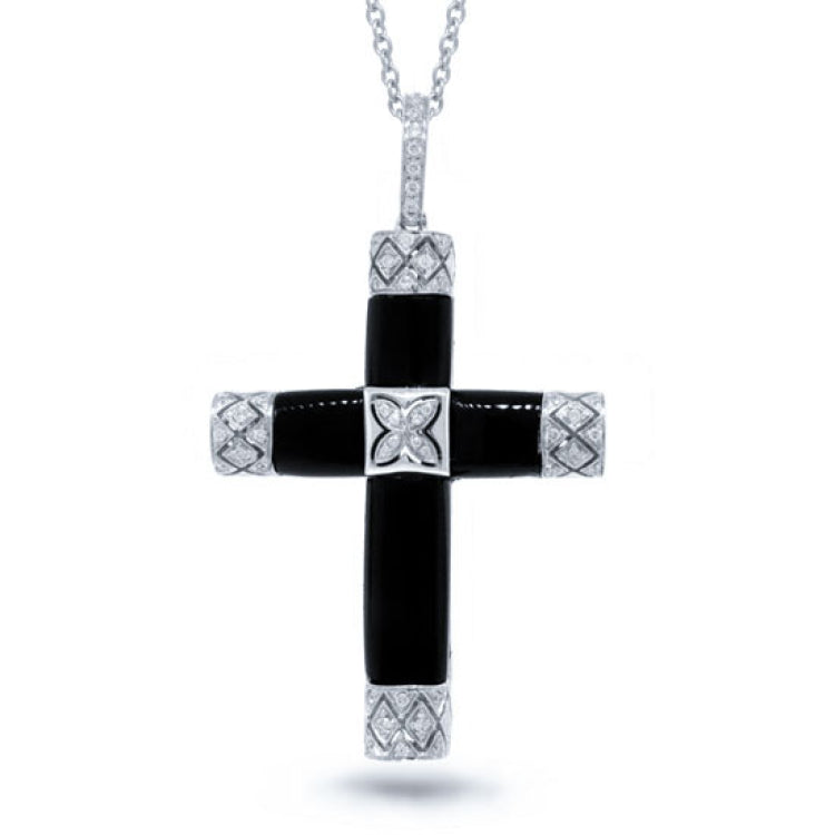 0.19ct 14k White Gold Diamond & Onyx Cross Necklace