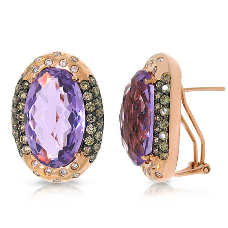 1.78ct White & Champagne Diamond & 18.57ct Amethyst 14k Rose Gold Earring