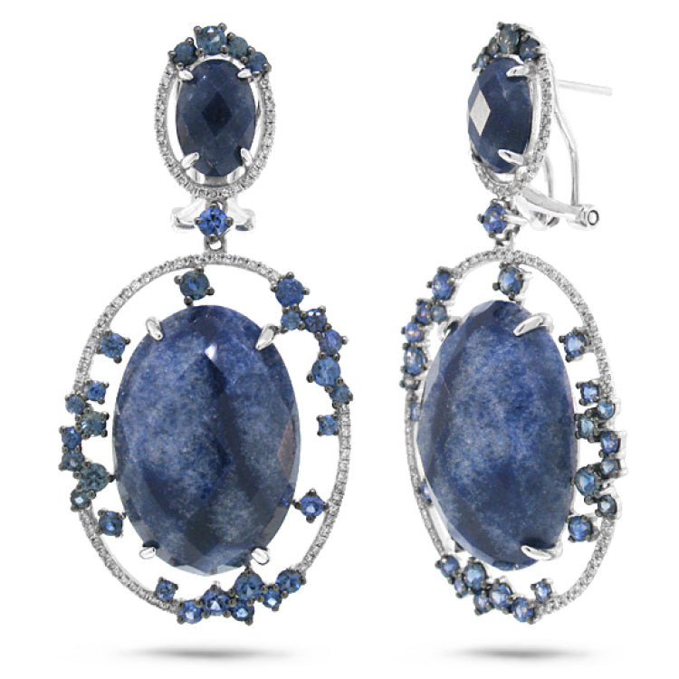 0.49ct Diamond & 43.57ct Blue Aventurine & Blue Sapphire 14k White Gold Earring