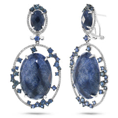 0.49ct Diamond & 43.57ct Blue Aventurine & Blue Sapphire 14k White Gold Earring