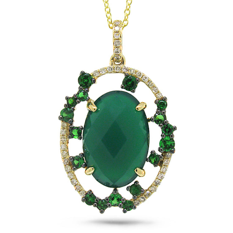 0.11ct Diamond & 4.13 Green Agate & Green Garnet 14k Yellow Gold Pendant