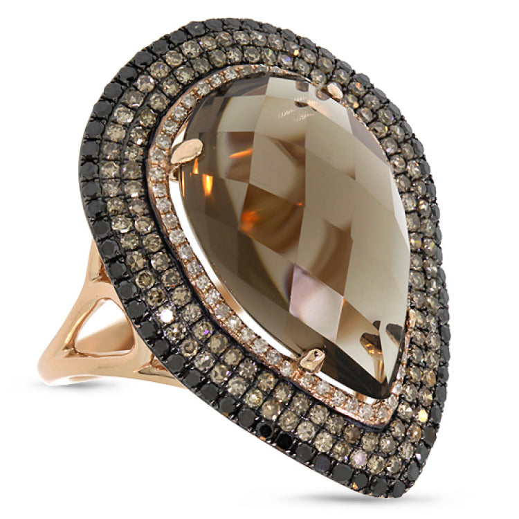 1.32ct White, Champagne & Black Diamond & 11.70ct Smokey Topaz 14k Rose Gold Ring