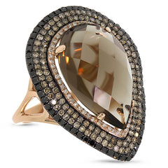 1.32ct White, Champagne & Black Diamond & 11.70ct Smokey Topaz 14k Rose Gold Ring