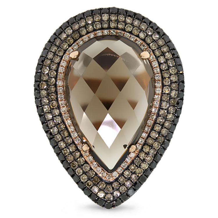 1.32ct White, Champagne & Black Diamond & 11.70ct Smokey Topaz 14k Rose Gold Ring