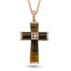 0.13ct 14k Rose Gold Diamond & Tiger's Eye Cross Necklace