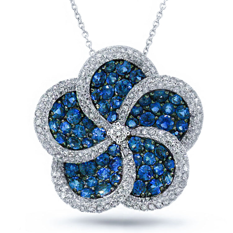 0.94ct Diamond & 2.57ct Blue Sapphire 14k White Gold Flower Pendant