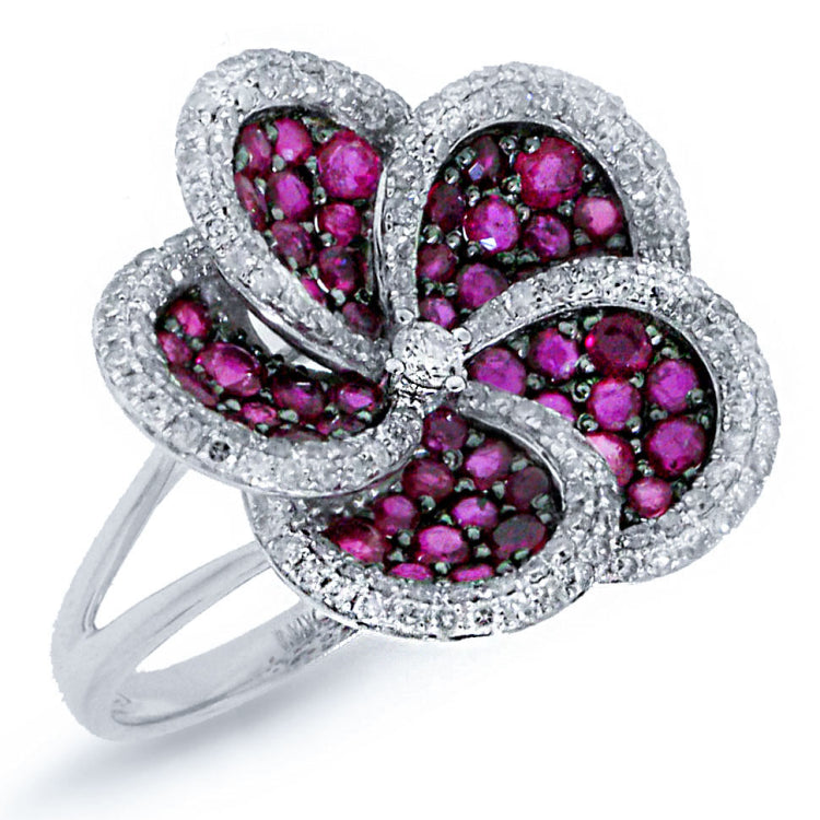 0.75ct Diamond & 1.78ct Ruby 14k White Gold Flower Ring