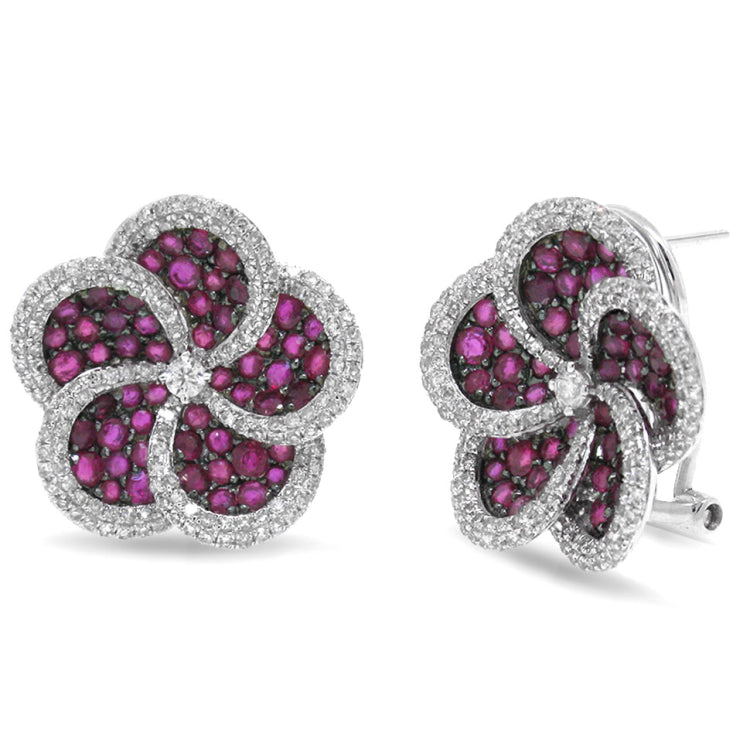 1.04ct Diamond & 2.64ct Ruby 14k White Gold Flower Earring