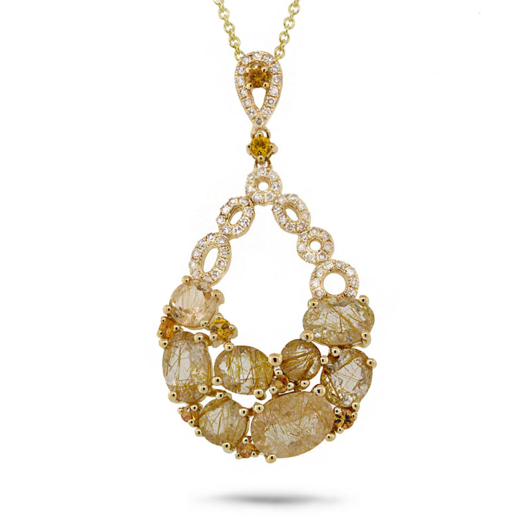 0.20ct Diamond & 2.97ct Golden Line Quartz & Yellow Sapphire 14k Yellow Gold Pendant