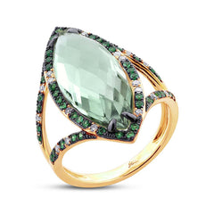 0.15ct Diamond & 6.79ct Green Amethyst & Green Garnet 14k Yellow Gold Ring