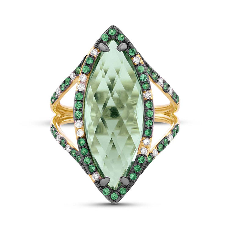 0.15ct Diamond & 6.79ct Green Amethyst & Green Garnet 14k Yellow Gold Ring
