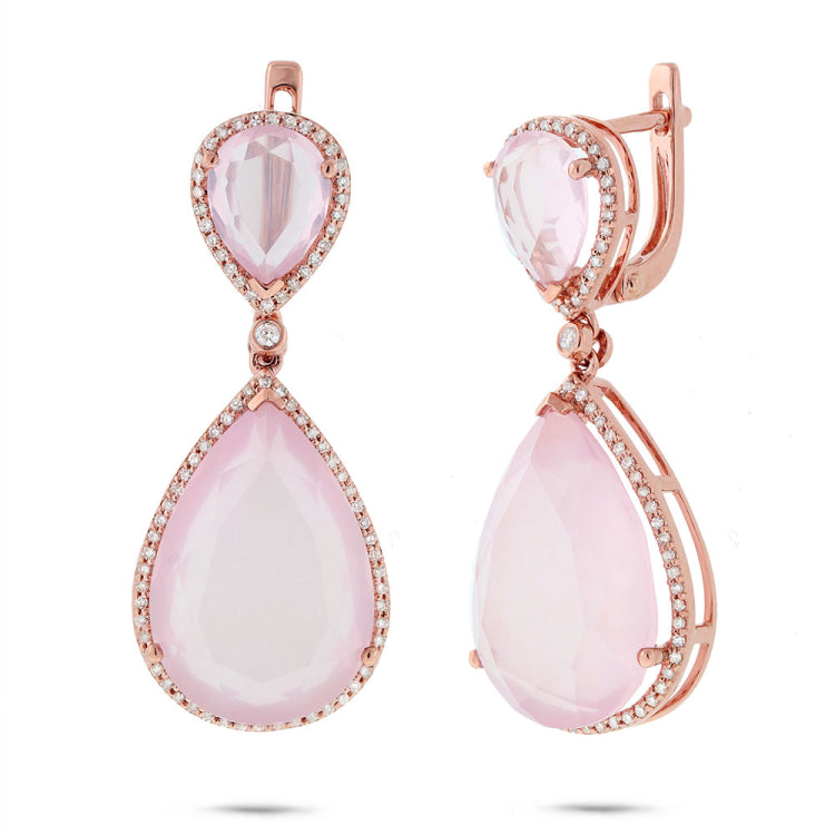 0.55ct Diamond & 29.53ct Rose Quartz 14k Rose Gold Earring