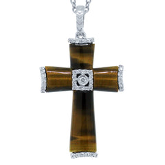 0.13ct 14k White Gold Diamond & Tiger's Eye Cross Necklace