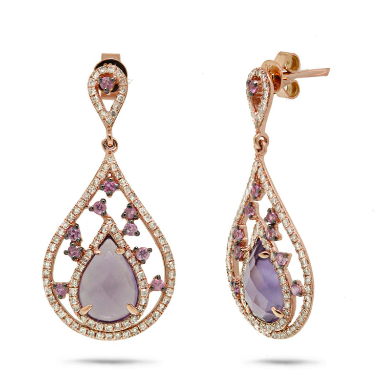 0.60ct Diamond & 3.54ct Amethyst & Pink Sapphire 14k Rose Gold Earring