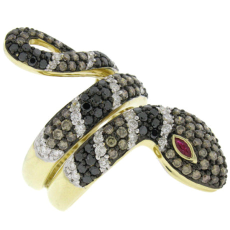 2.70ct 14k Yellow Gold White, Black & Champagne Diamond Snake Ring