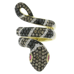2.70ct 14k Yellow Gold White, Black & Champagne Diamond Snake Ring