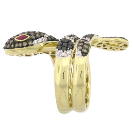 2.70ct 14k Yellow Gold White, Black & Champagne Diamond Snake Ring