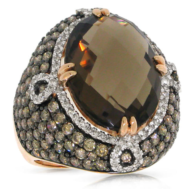 3.25ct White & Champagne Diamond & 11.60ct Smokey Topaz 14k Rose Gold Ring