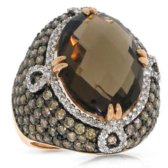 3.25ct White & Champagne Diamond & 11.60ct Smokey Topaz 14k Rose Gold Ring